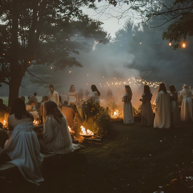 Photo eerie solstice with bonfire costumes and mystical atmosphere