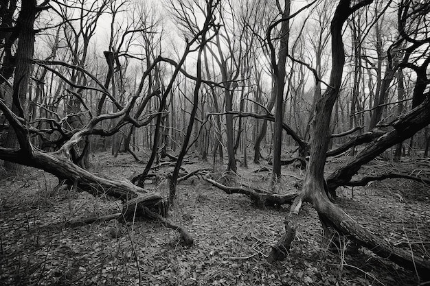 Photo an eerie and unsettling forest where the trees are twisted and gnarled the ground is covered in decaying leaves and the air is thick with a sense of danger generative ai