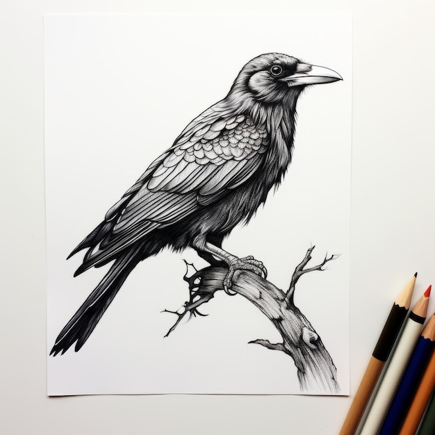 Photo eerily realistic crow drawing with colored pencils