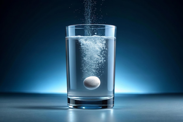 Effervescent pill dissolving in glass of water