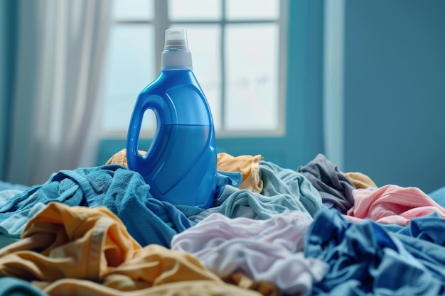 Efficiency of Concentrated Detergent with Pile of Clean Laundry in Bright Sunlit Room