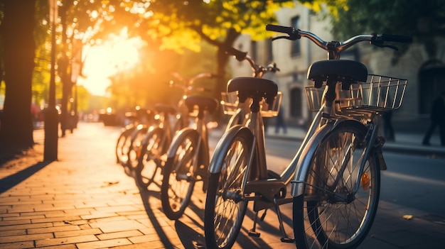 Photo efficient bicycle front rental service displayed in a row on city street providing seamless urban mobility