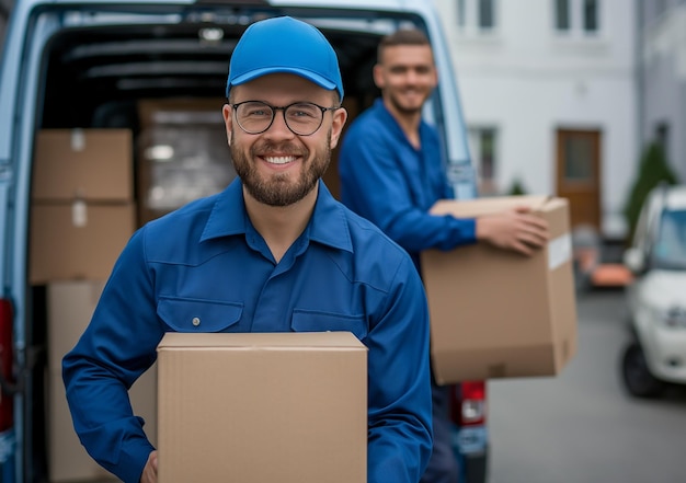 Efficient delivery men in blue uniforms are moving appliances into a truck