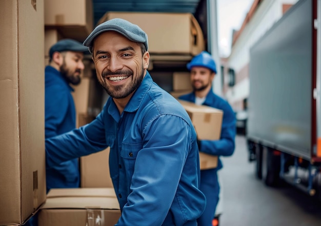 Efficient delivery men in blue uniforms are moving appliances into a truck