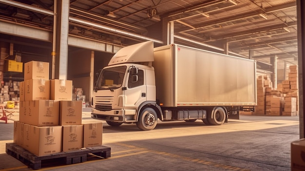 Efficient Distribution Modern Delivery Truck Unloading Boxes at a Busy Distribution Center Generative AI