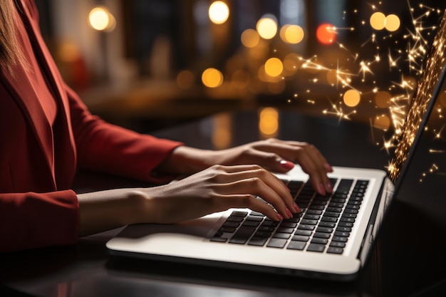 Efficient email management Closeup of businesswoman's hand on laptop keyboard with email icon