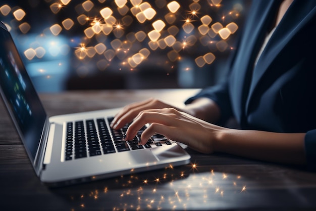 Efficient email management Closeup of businesswoman's hand on laptop keyboard with email icon