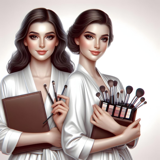 Photo efficient and friendly beauty services two makeup artists with kits and mirrors on clean background