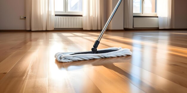 Photo efficient house floor cleaning service using microfiber mop by professional housekeepers concept house cleaning microfiber mop professional service housekeepers floor cleaning