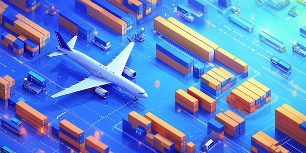 Efficient logistics with airplane and containers in vibrant setting