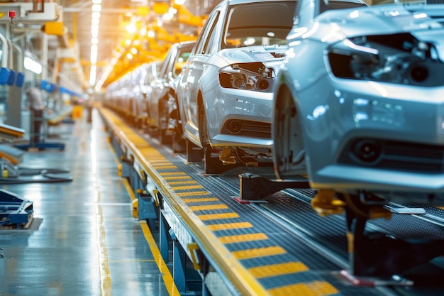 Efficient mass production line of contemporary vehicles in a busy factory setting