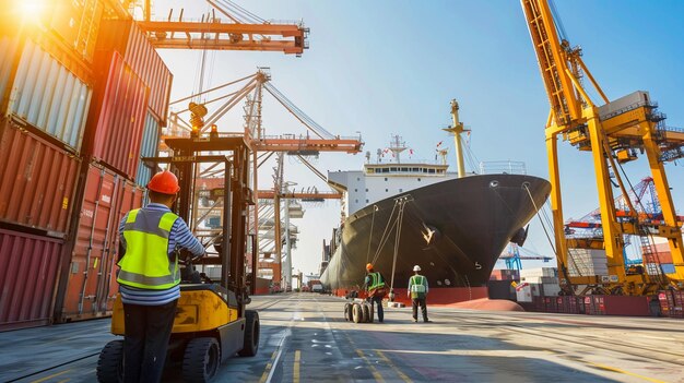 Photo efficient port operations busy port scene with a forklift loading cargo containers