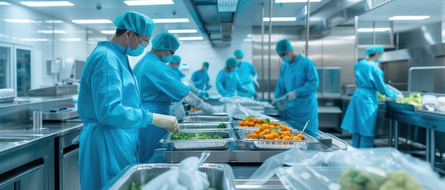 Photo efficient production workers in a clean food processing plant ensuring quality control