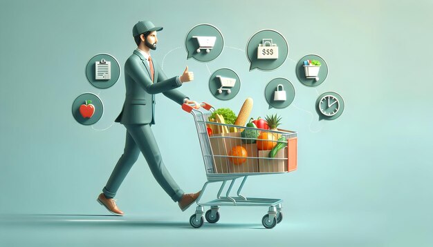 Photo efficient retail service concept person with shopping cart and groceries against blank background