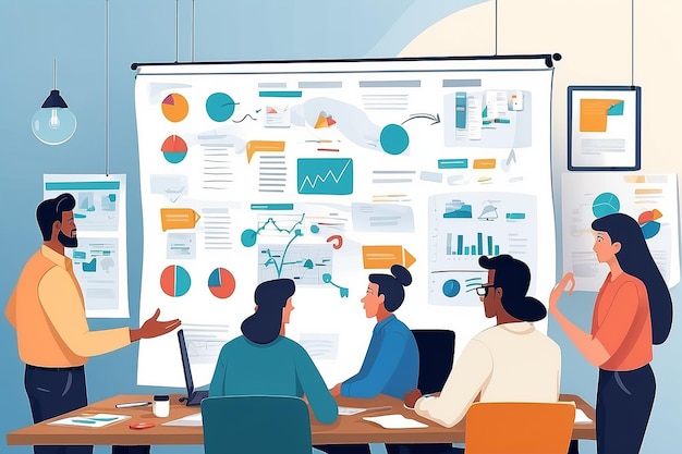 Efficient Scrum Board Business Team Planning and Workflow Cartoon