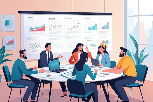 Efficient Scrum Board Business Team Planning and Workflow Cartoon