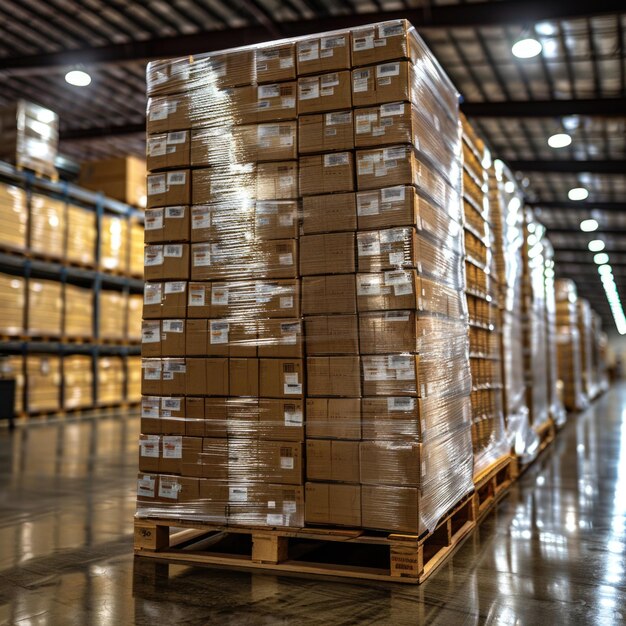 Photo efficient warehouse logistics stacked products on pallet in welllit space with blurred backgroun