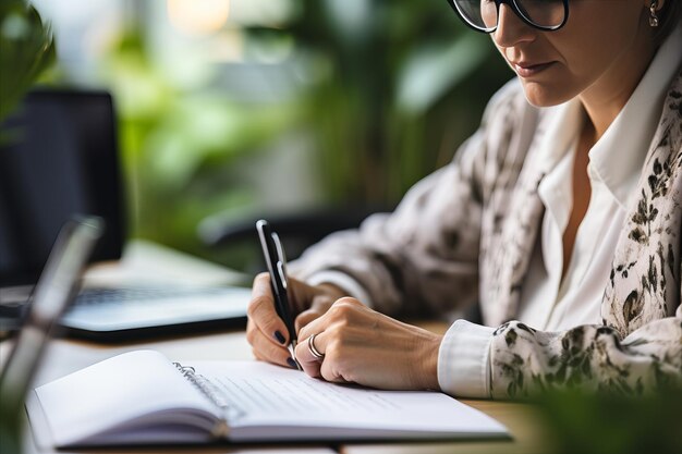 Efficient Workspace CloseUp of Hand Writing in Notebook on Office Desk with Office Supplies