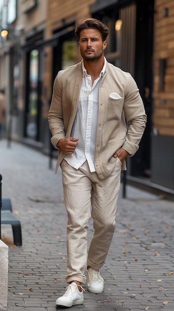 Effortlessly Stylish Gentleman in Minimalist Casual Attire with Luxurious Fabric in Muted Tones