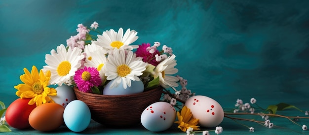 An egg adorned Easter flower arrangement