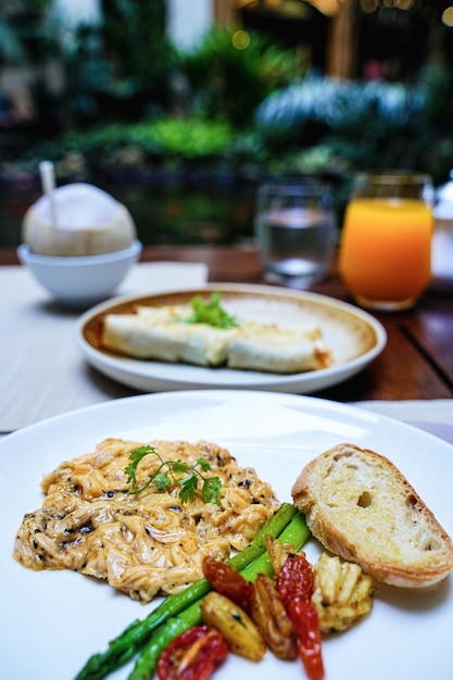 Egg breakfast food in the morning Poached dish toasted Delicious meal plate tasty closeup on table