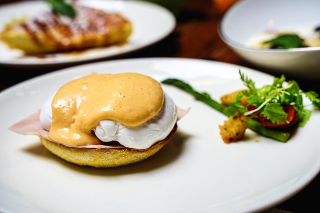 Egg breakfast food in the morning Poached dish toasted Delicious meal plate tasty closeup on table