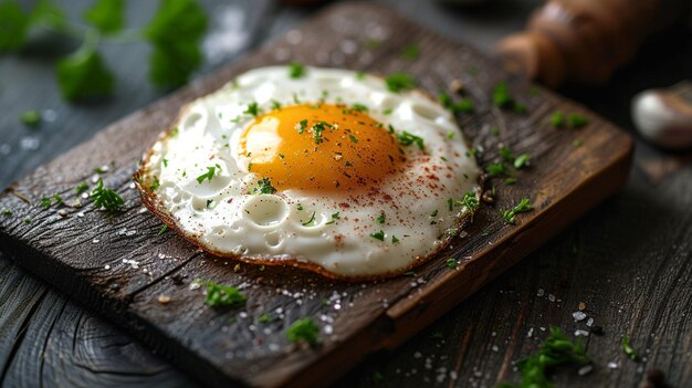 an egg on a cutting board with eggs and herbs