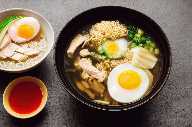 Egg and delicious noodles in traditional japanese tonkotsu ramen bowl