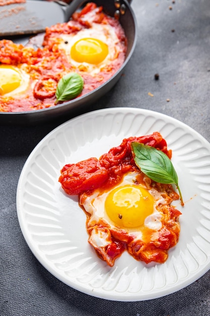 egg fried tomato shakshuk breakfast eggs vegetable meal food snack on the table copy space food