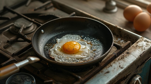 an egg in a frying pan on a stove