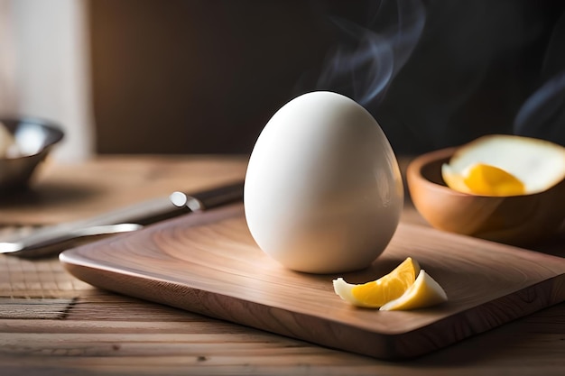 Photo an egg is on a cutting board with lemons and a knife.