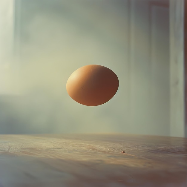 An egg is floating in the air above a wooden table