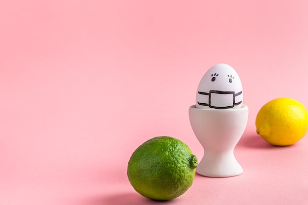 Egg in mask in an egg stand, lime and lemon on pink background. concept of Easter, vitamins, health promotion with copy space