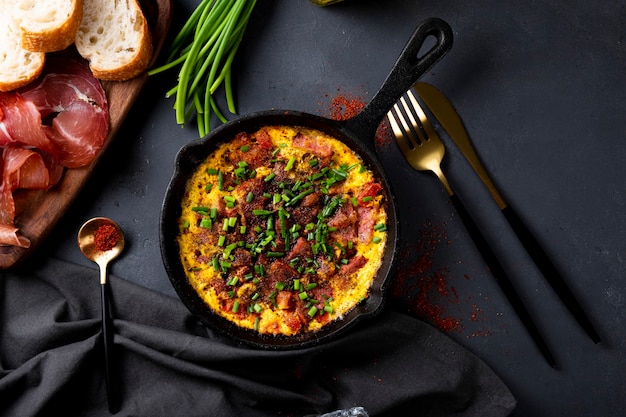 Egg omelet with sausage and seasonings in a cast iron pan top view.