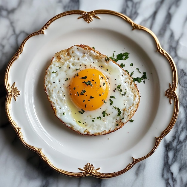 an egg on a plate with a gold rim