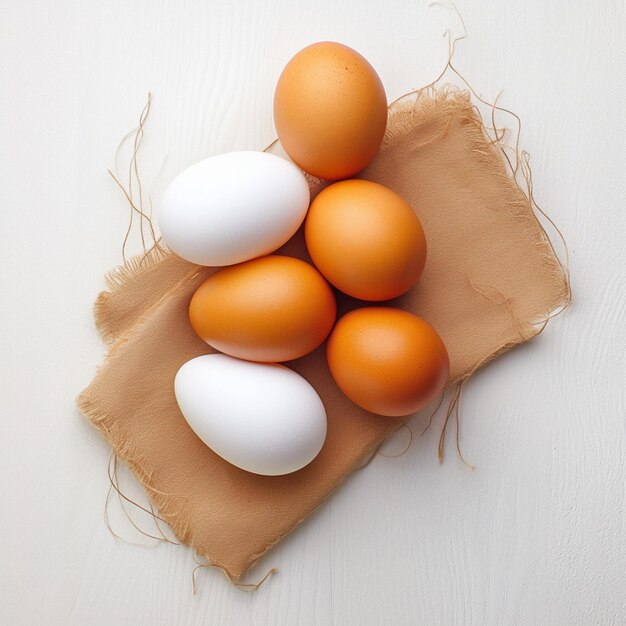 Photo egg variety top view of three white and four brown eggs for social media post size