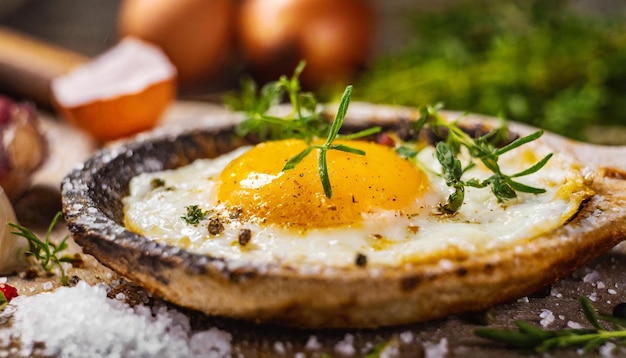 Photo an egg with herbs on top of it sits on a table