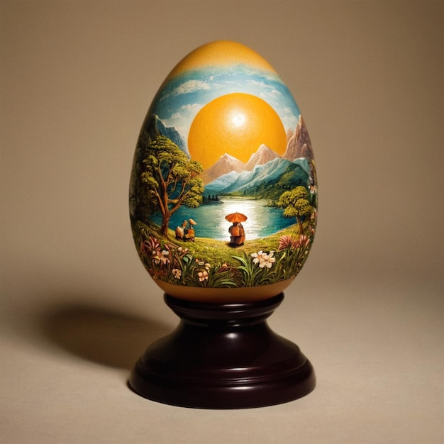 an egg with a painting of a sunset on it