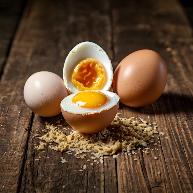 Photo eggdouble egg with flying ingredianse isolated on wooden background