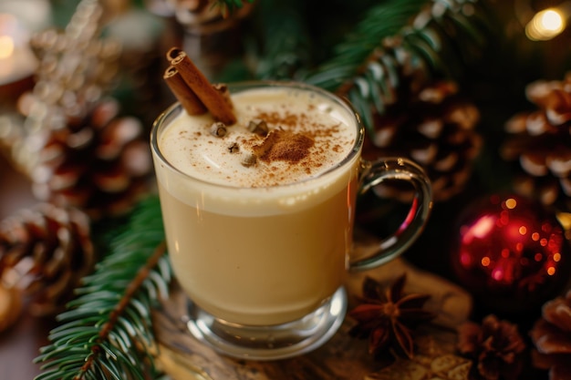 Photo eggnog latte homemade eggnog decorated with cinnamon stick and nutmeg garnish