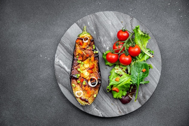 eggplant fried salad green leaves vegetable meal snack on the table copy space food background