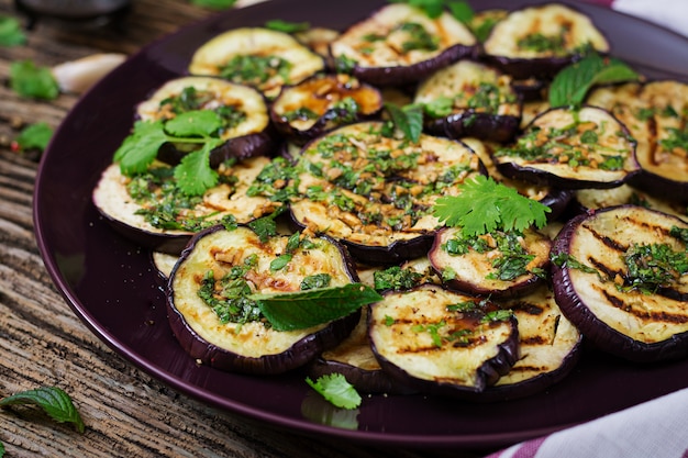 Eggplant grilled with balsamic sauce, garlic, cilantro and mint