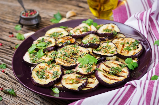 Eggplant grilled with balsamic sauce, garlic, cilantro and mint