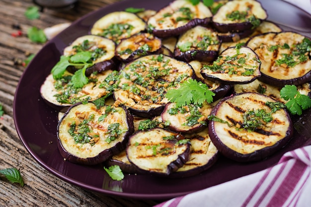 Eggplant grilled with balsamic sauce, garlic, cilantro and mint