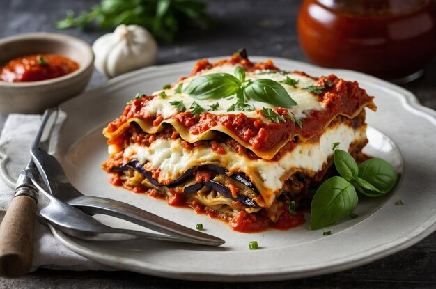 Photo eggplant lasagna with marinara ricotta and a touch of oregano