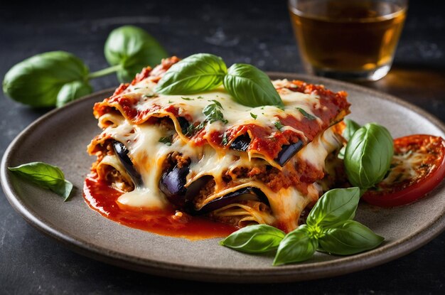 Photo eggplant parmesan lasagna with fresh basil and melted cheese