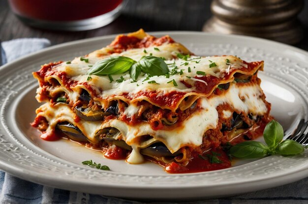 Eggplant Parmesan lasagna with layers of mozzarella and ricotta