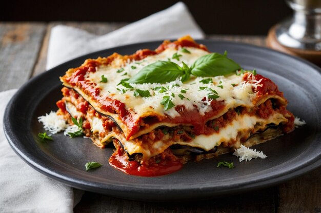 Eggplant Parmesan lasagna with marinara and ricotta layers