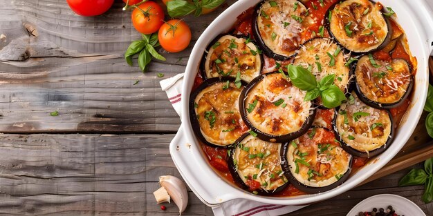 Eggplant Parmesan in a white casserole dish on a rustic background Concept Food Photography Italian Cuisine Comfort Food Vegetarian Dishes Rustic Presentation