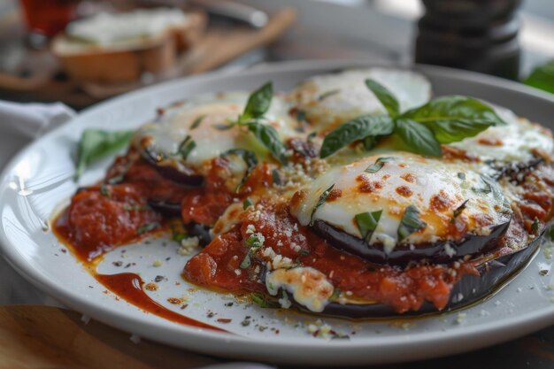 Eggplant parmesan with mozzarella and marinara sauce topped with fresh basil for a classic Italian